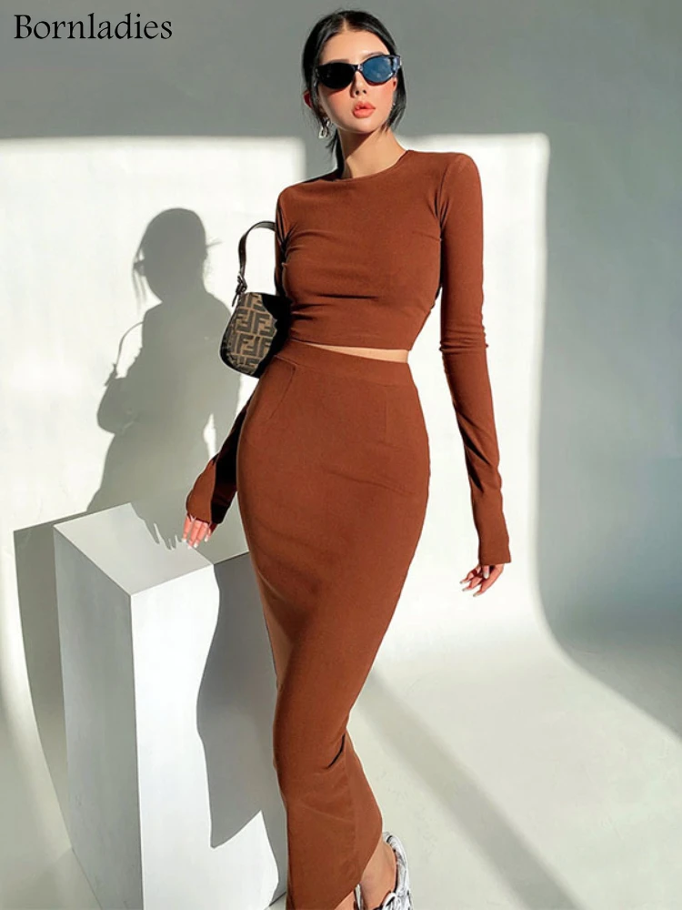

Bornladies 2022 Women Slim Tracksuits Short T Shirt & Elastic Waist Length Skirts Sets Female Sexy Skinny 2 Pieces Sets