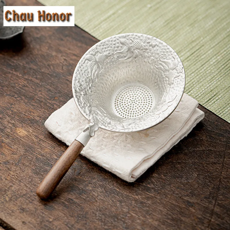 Customized Tin Relief Tea Drain With Handle Tea Strainer Tea Making Handmade Filter Tea Ceremony Tea Screen Kung Fu Teaware Tool