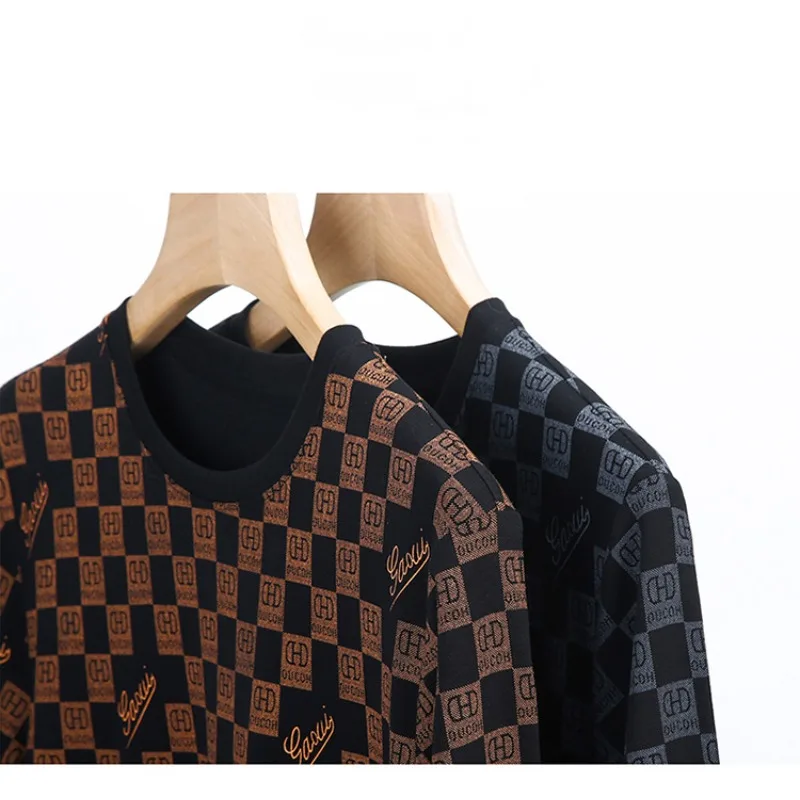 Spring and Autumn Men's Pullover Round Neck Letter Print Checkered Geometric Contrast Color Long Sleeve T-shirt Hoodies Tops