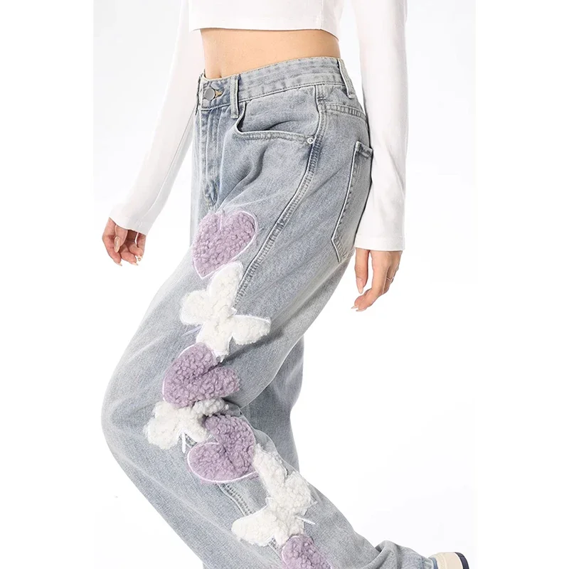 Blue Jeans for Women Embroidery High Waist Vintage HarajukuFashion Streetwear Wide Leg Jean Female Trouser Baggy Denim Pants