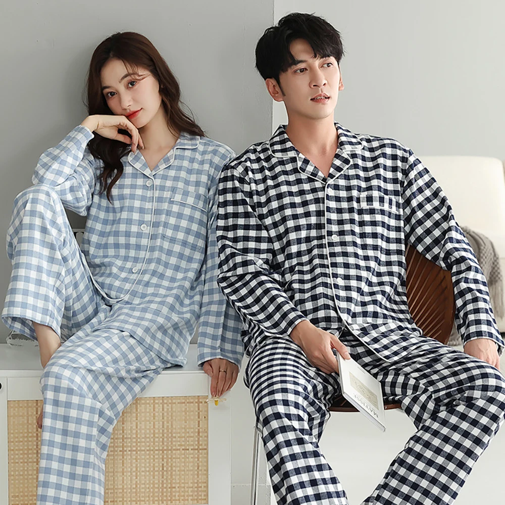Autumn Winter Comfortable 100% Cotton Pajamas Set for Couples Double Layer Gauze Plaid Couple Sleepwear Soft Loose pijama hombre