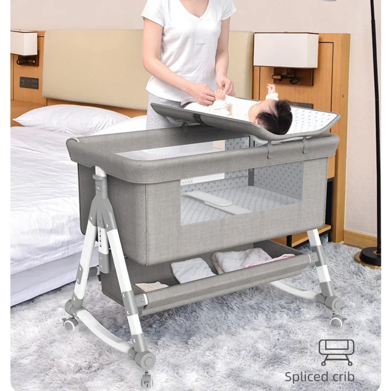 Movable Aluminum Alloy Baby Crib Portable Cradle Bed Foldable Multifunctional Newborn Spliced Bed