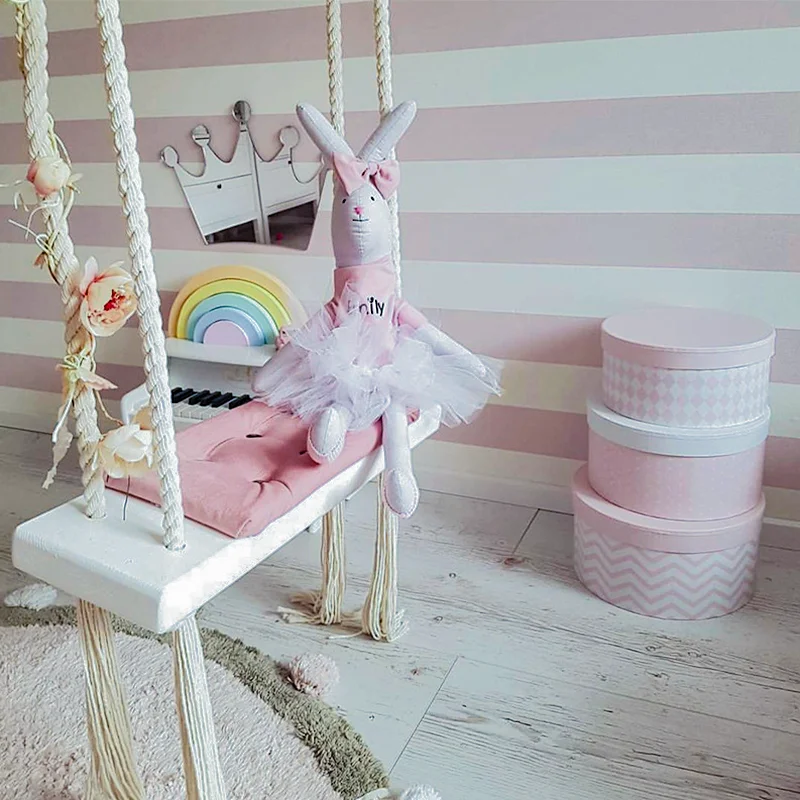INS Solid Wood Child Swing Chair Kid Hanging Set Children Hammock Toy Rocking Seat Cushion Safety Baby Room Decor 2