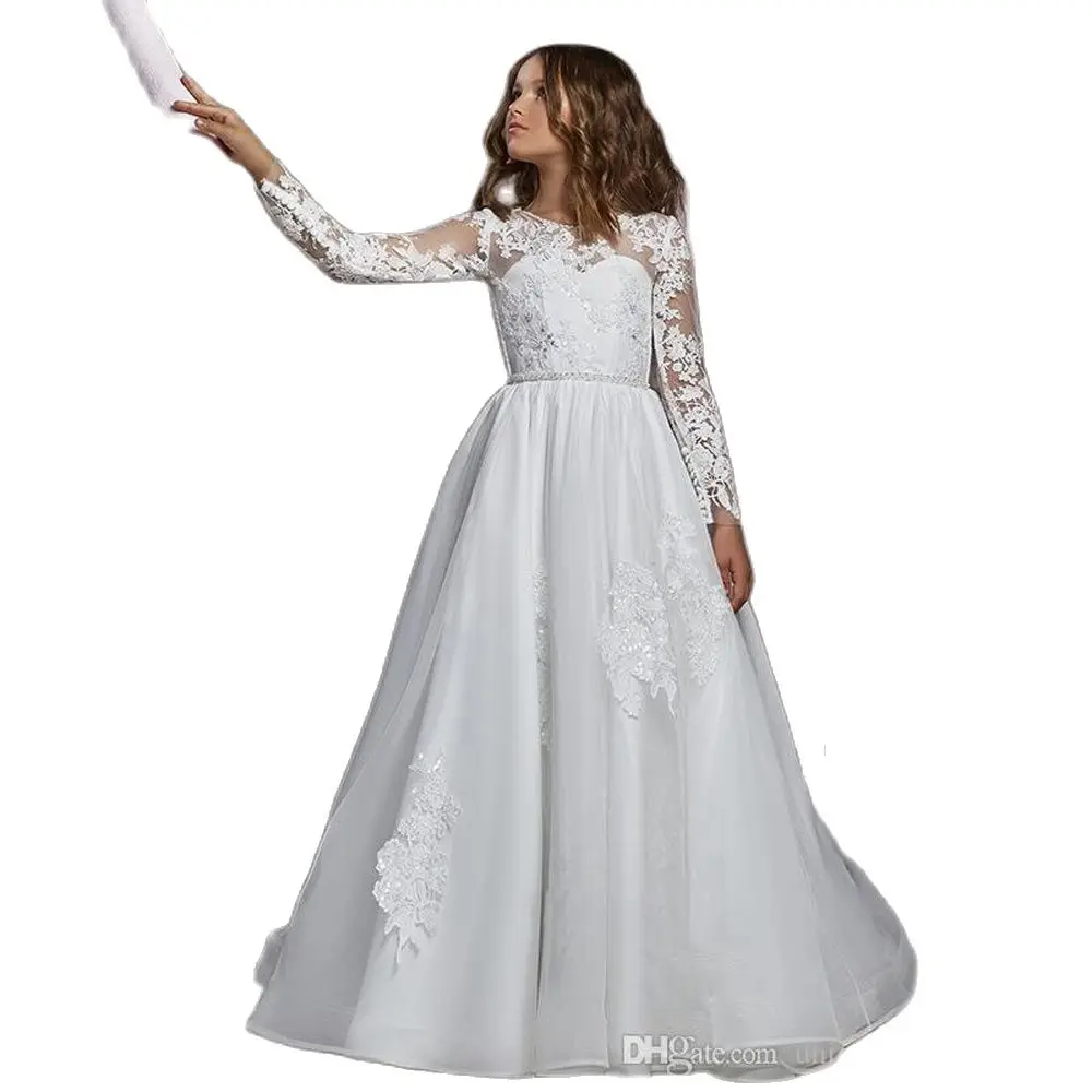 

Long Sleeves Flower Girls Dresses for Wedding 2021 A Line Jewel Sweep Train First Communion Gown for Little Girl Princess Formal