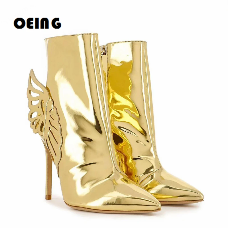 

Women Metallic Leather Ankle Boots Female Sexy Pointed Toe Stiletto Heels Wings Boots Female Party Club Dress Shoes Plus Size 44
