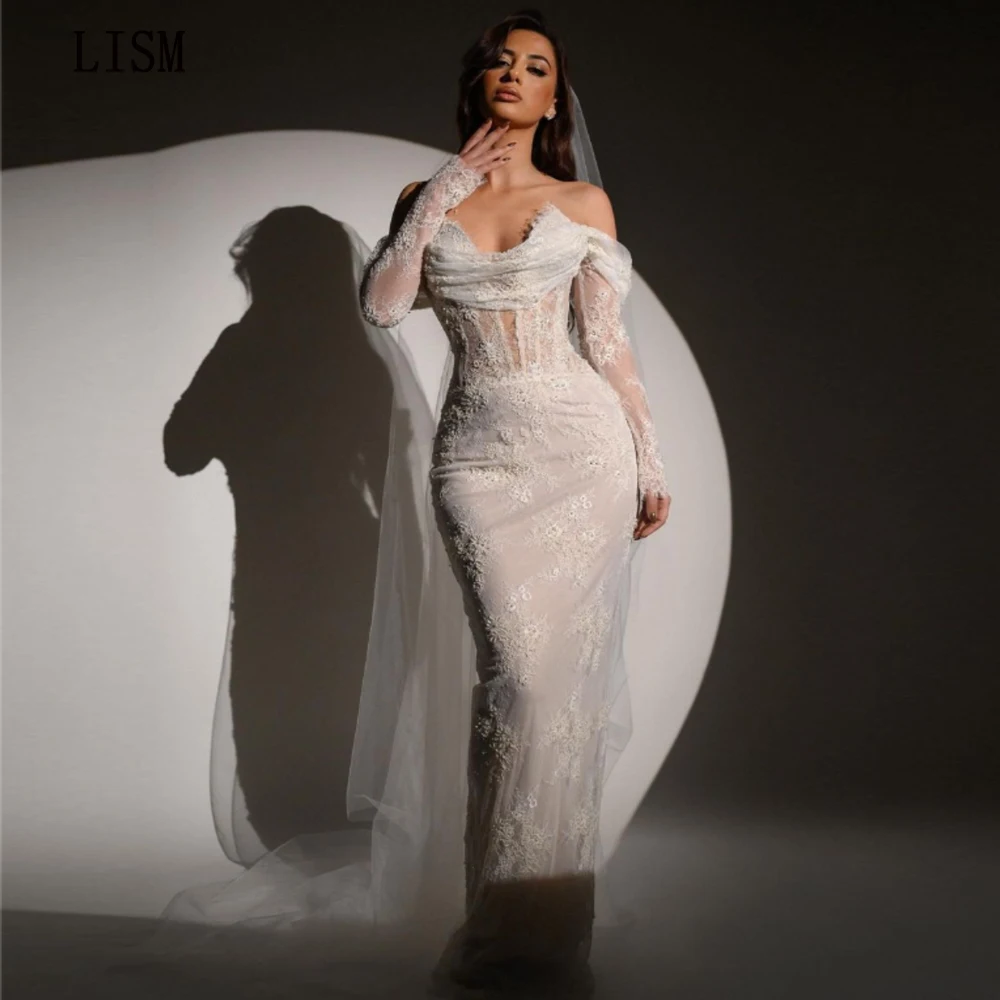 

LISM Stunning Sweetheart Bridal Gown For Wedding Party Full Sleeve Mermaid Beach Wedding Dress With Lace Robe Mariage 2024