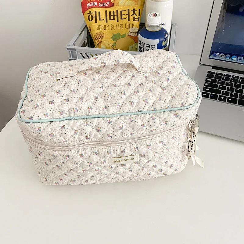 Cute Quilting Cotton Makeup Bag Women Zipper Cosmetic Organizer Female Cloth Handbag Box Shape Portable Toiletry Case For Girls 6