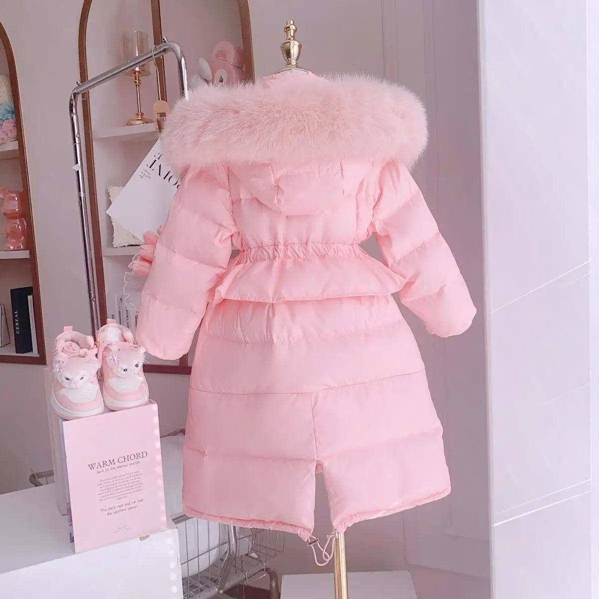 Winter Girls Down Clothes Fashion Long Fur Hooded Cotton Padded Jacket Kids Warm Slim Waist Children Outerwear XMP390