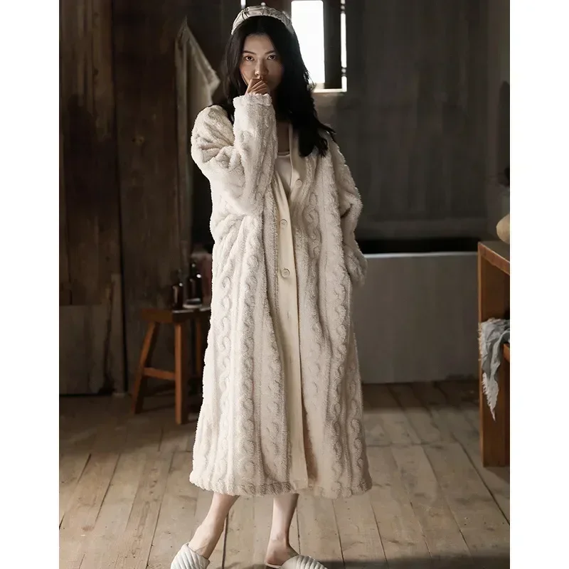 

Solid Korea Warm Bathrobe Winter Style Single Ladies Thick Long Breasted Sleepwear Fleece Sleeve Women's for Pajama Female