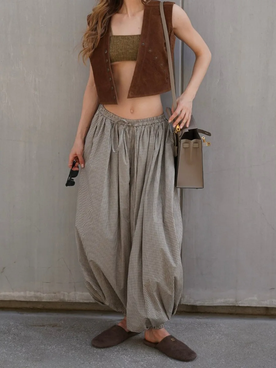 Bornladies Women's New Retro Brown Lantern Pants High Waist Trendy Loose Fit Plaid Spring Summer Fashion Trousers