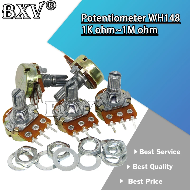 

2 шт./лот WH148, B1K, B2K, B5K, B10K, B20K, B50K, B100K, B500K, 3-контактный 15 мм усилитель вала, двойной стерео потенциометр 1K, 2K, 5K, 10K, 50K, 100K