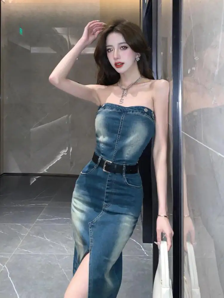 Sleeveless Women Denim Suspender Dress Summer New Midi Blue