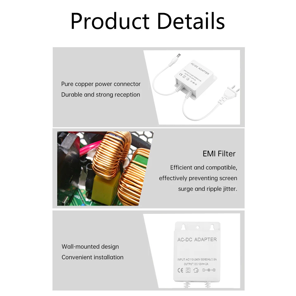 Power adapter AC 100-240V To DC 12V 2A Outdoor Waterproof EU/US Plug 5.5mm*2.1/2.5mm Interface For Camera LED Strip