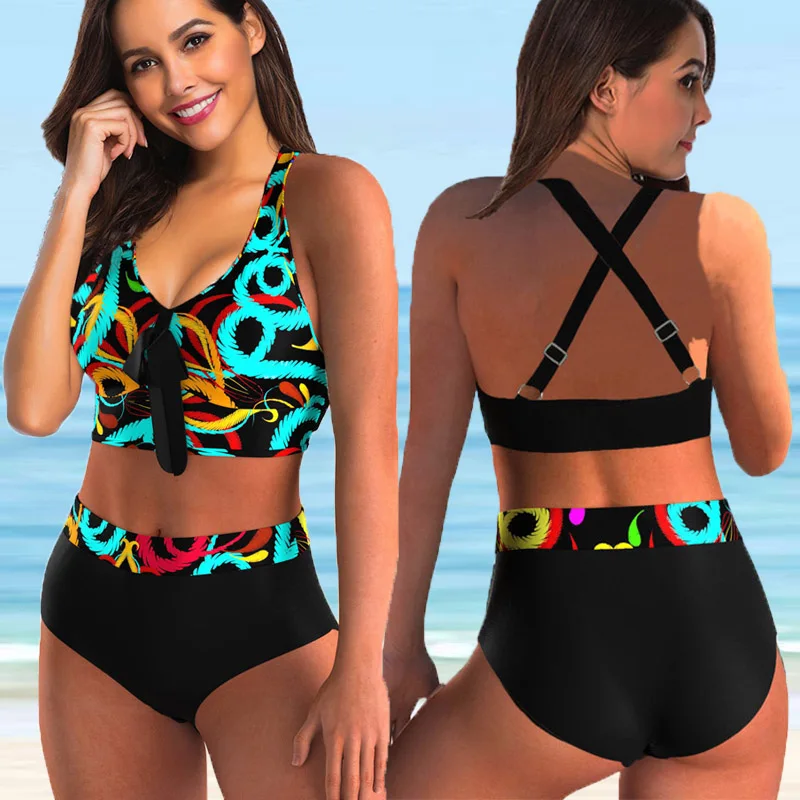 2022 New Women Printed High Waist Two Pieces Bikini Set Swimsuit Female Plus Size Beachwear Swimwear Bather Bathing Suit 5XL