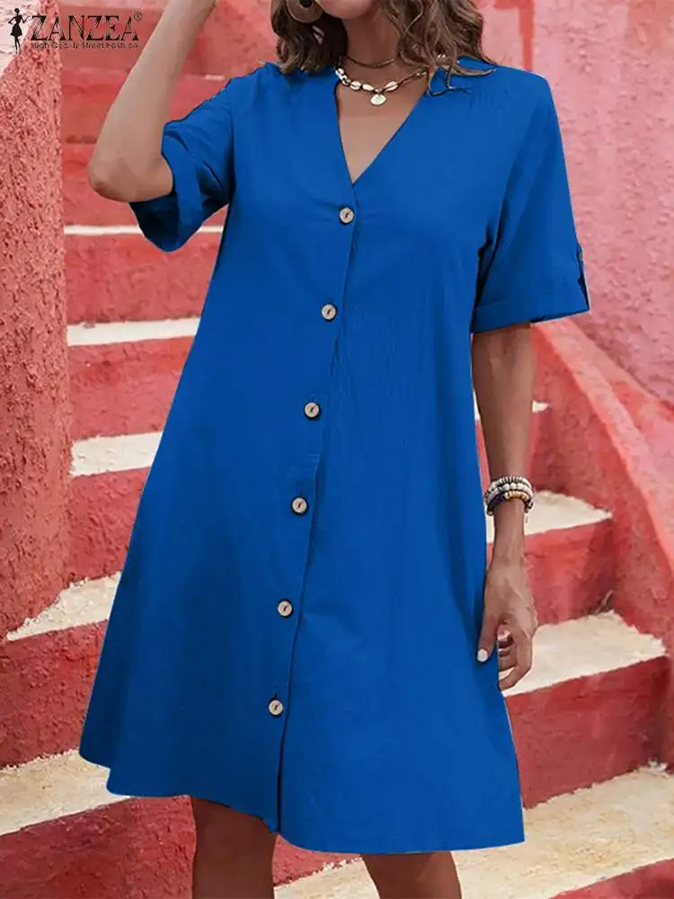 

2023 Summer Holiday Short Sundress ZANZEA Women Short Sleeve Dress Casual Loose V Neck Dress Fashion Single Breast Mini Vestidos
