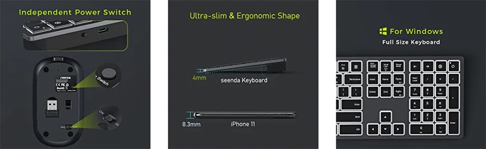 Teclado retroiluminado sem fio silencioso com retroiluminação,