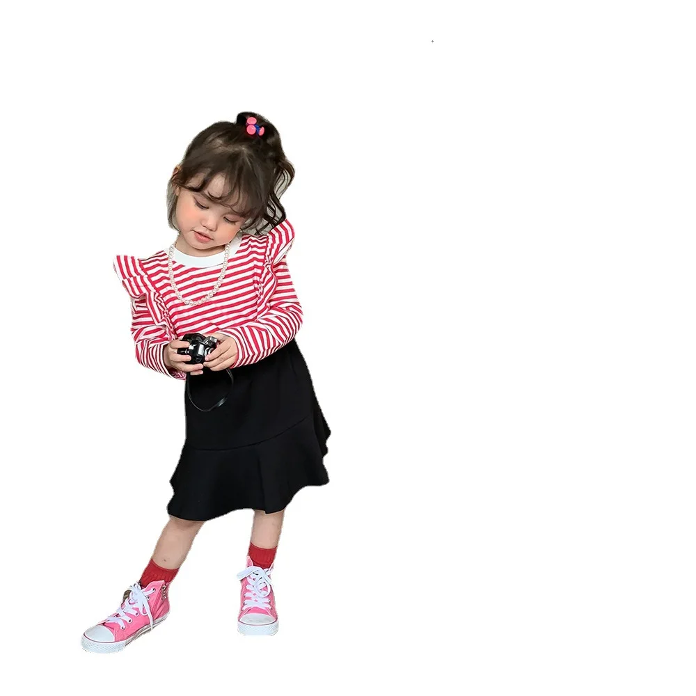 Children's Clothing Girls' T-shirt Autumn Clothes 2023 New Korean Style Lotus Sleeve Top Stripe Flying Sleeve Bottom Shirt - Image 5