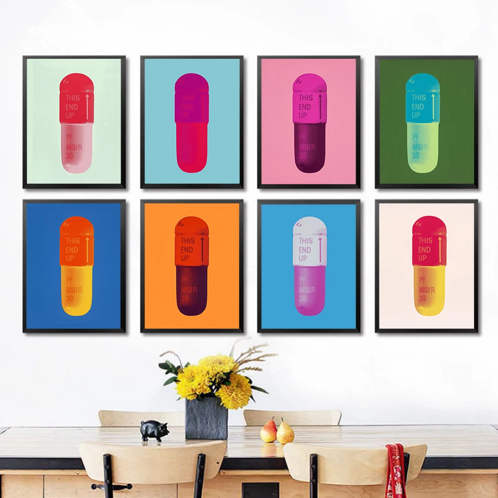 

Prints Painting Wall Artwork Color Pill Pink Green Cartoon Modular Canvas Blue Posters Pictures Modern Decor Bedside Background