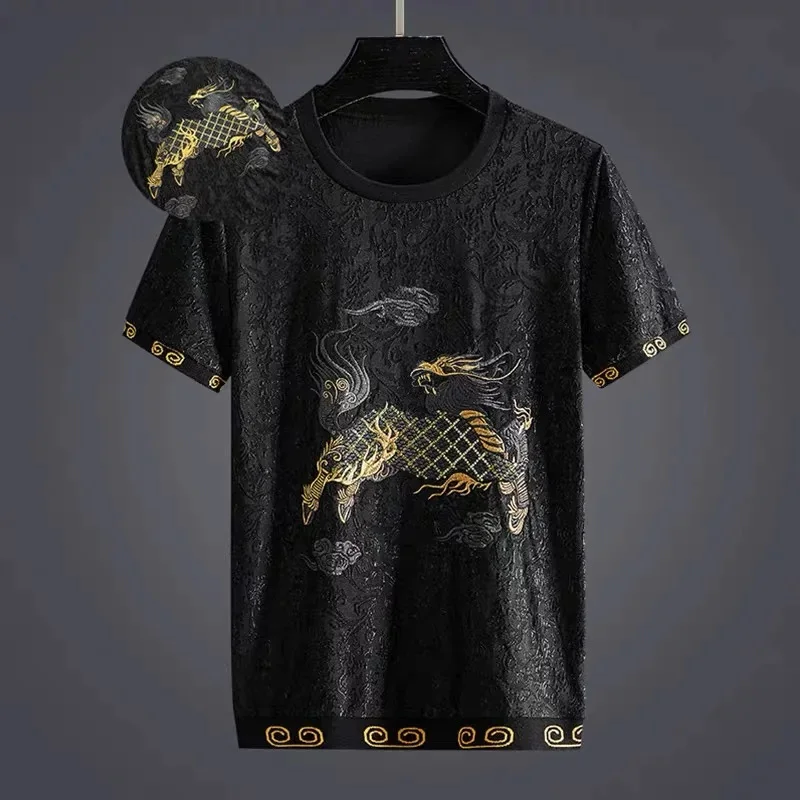

High end quality dark jacquard Kirin embroidered short sleeve t-shirt men's summer tide brand large size top half