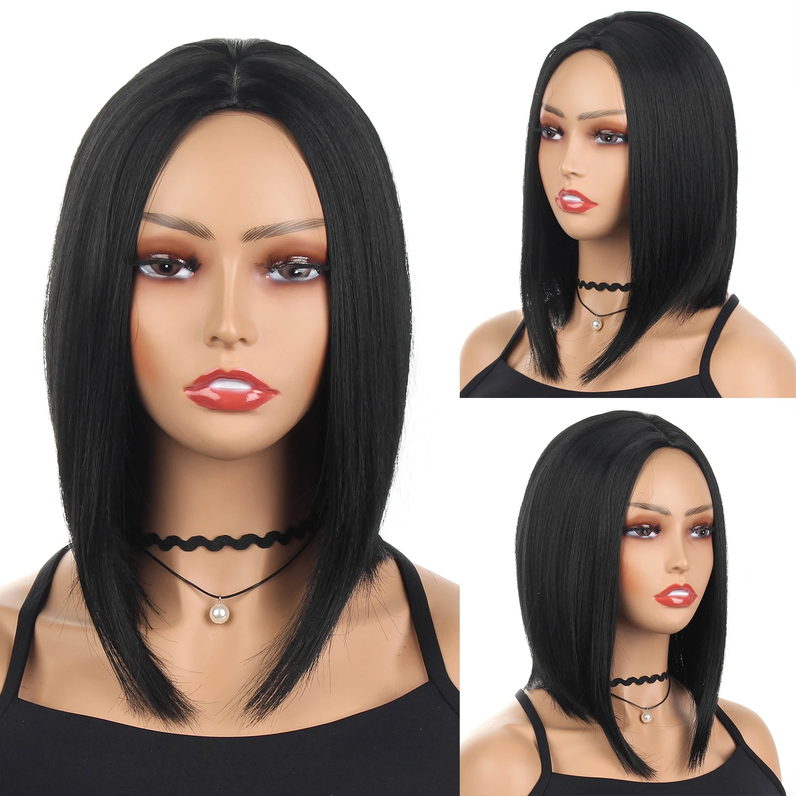 

Natural Black Medium Straight Bob Synthetic Wig Hair Cosplay Party Lolita Women Girls Wigs 12 Inch Heat Resistant Fibre