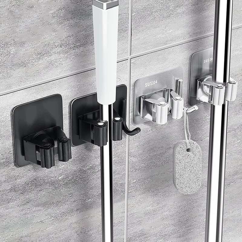 

304 Stainless Steel Mop Holder Wall Mounted Self-Adhesive Kitchen Bathroom Waterproof Multi-Purpose Broom Hanger Strong Hook