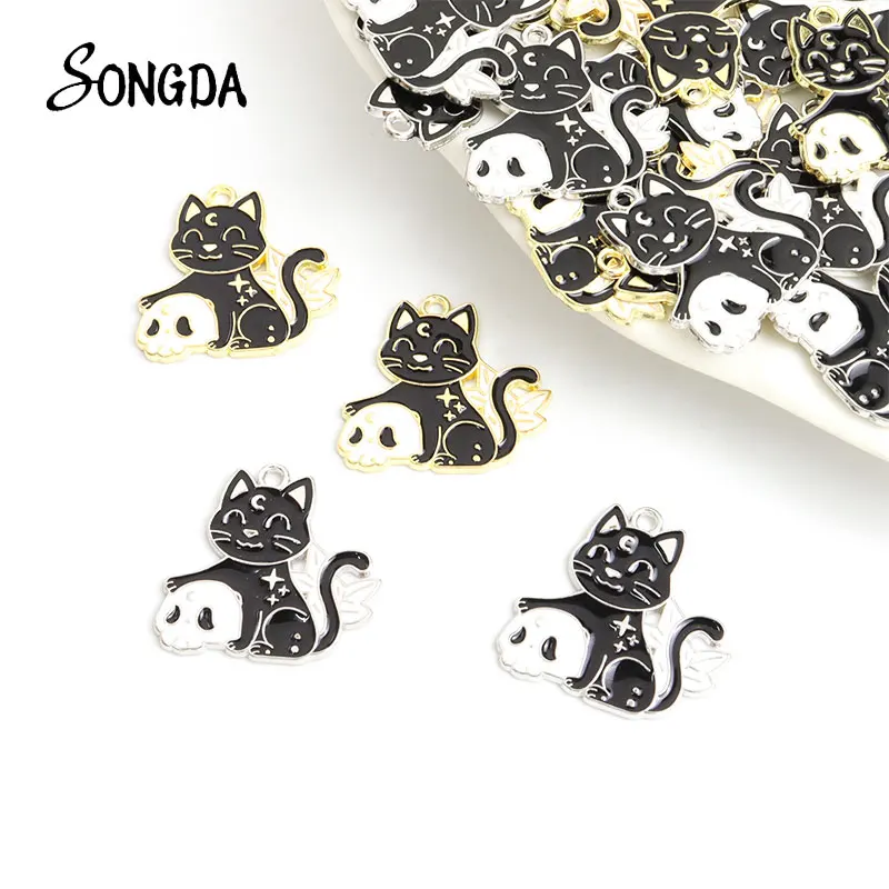

5pcs Funny Enamel Skull Moon Cat Charms Halloween Kitten Metal Pendants for Jewelry Making DIY Alloy Accessories Handmade Crafts