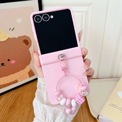 Charming Bunny Sticker Case Set with Chain and Cartoon Hinge Cover - Galaxy Z Flip5 (Pink)