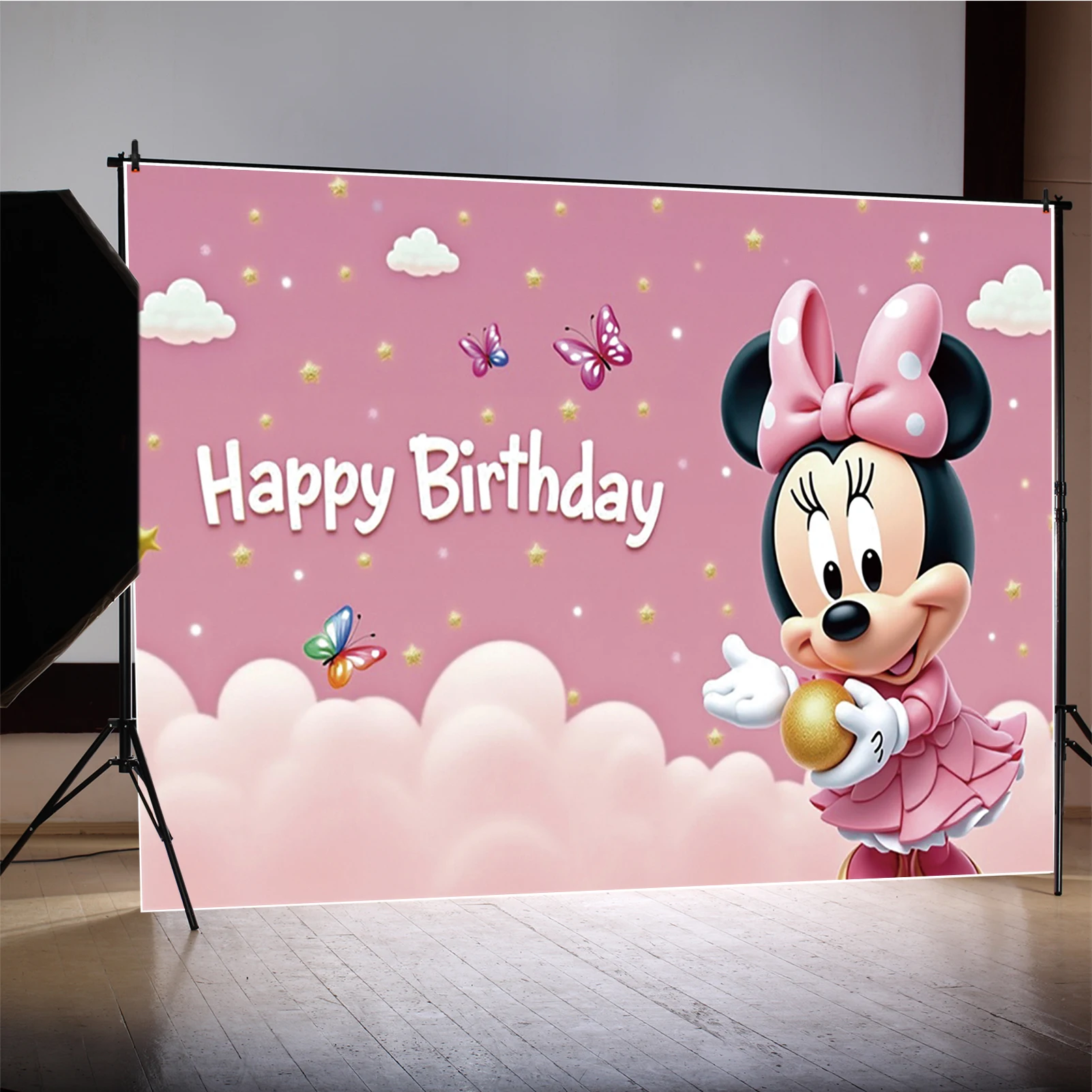 미키 마우스 미니 핑크 생일 축하 장식 1 년 배너 베이비 샤워 사진 배경 Photozone