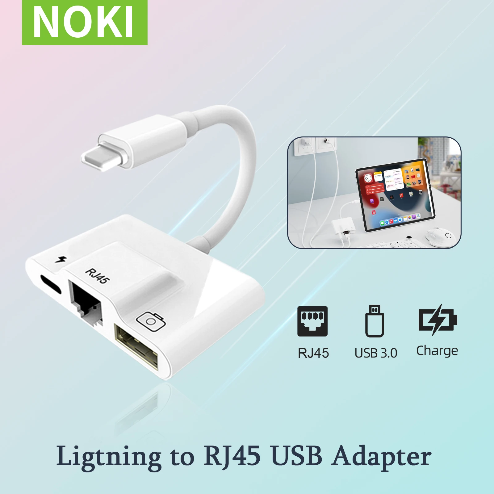 RJ45 Ethernet OTG Adapter for i-Phone/i-Pad LAN  Wired Network Hub with USB 3 Camera Adapter and Charging Port