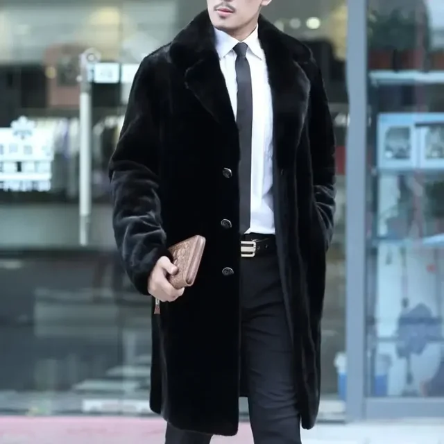 Mink Mink Coat Men's Autumn and Winter New Thick Mid-Length Padded Fur Parkas Large Size Men's High-end Casual Button Jacket 6