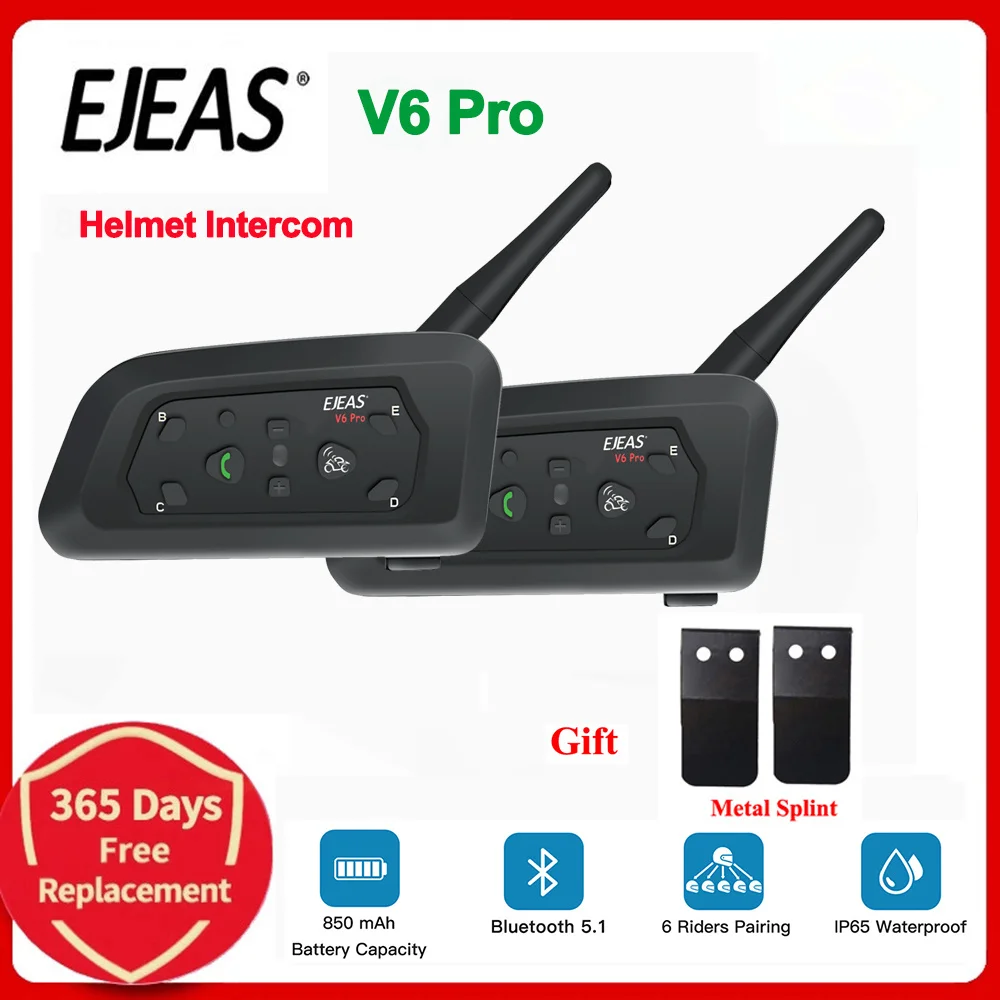 EJEAS V6 PRO Motorcycle Intercom Helmet Headsets FM Radio BT5.0 Communication Interphone Intercomunicador Moto Waterproof