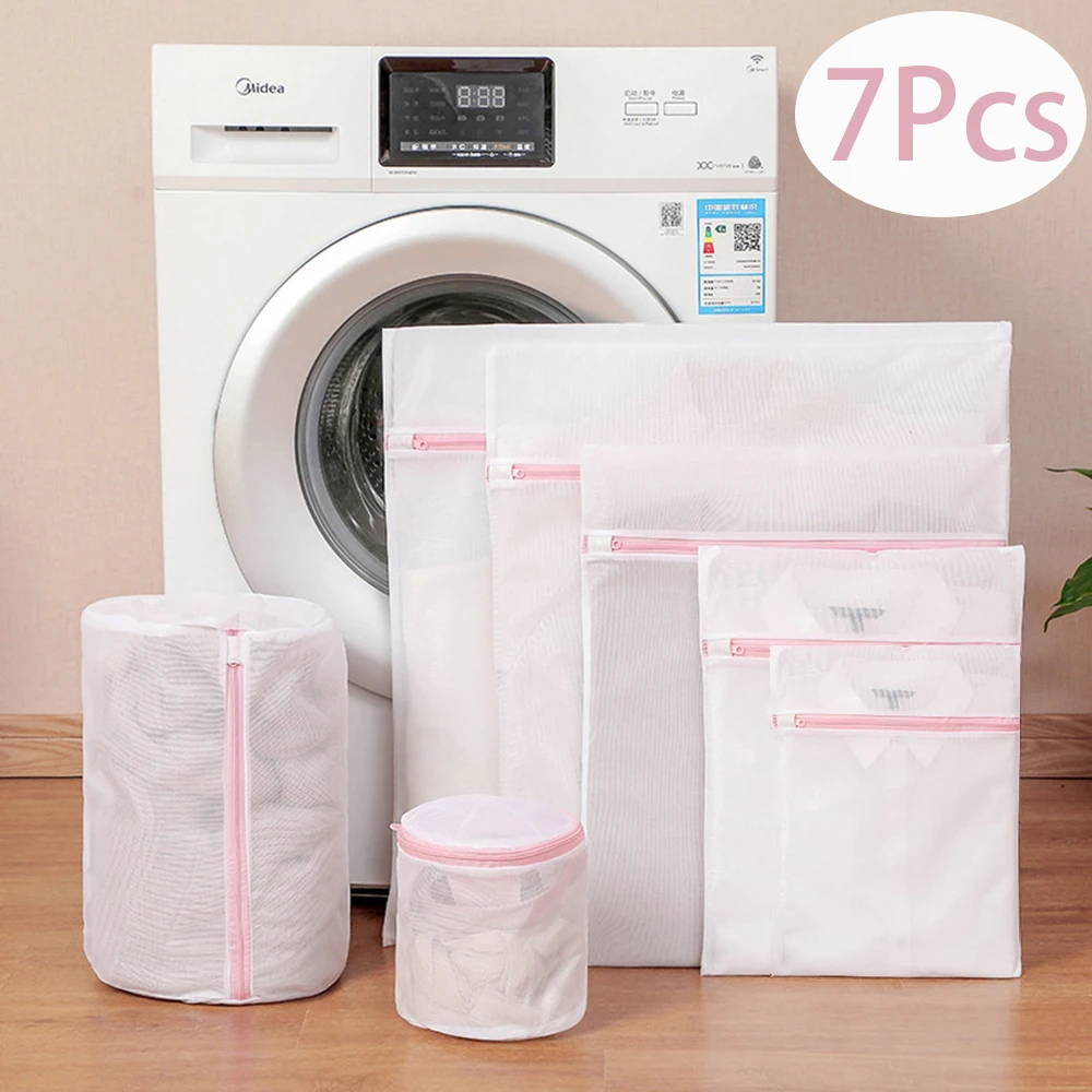 Laundry Bag 7Pcs Pink Zipper Fine Mesh Clothes Protection Washing Machine Dirty Clothes Storage Set