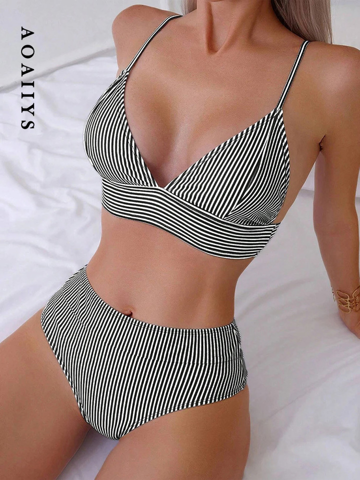 Aoaiiys Striped Bikini Set Women Swimsuit High Waisted Two-Piece Backless Female Swimwear Bathing Summer 2025 Fashion Beachwear