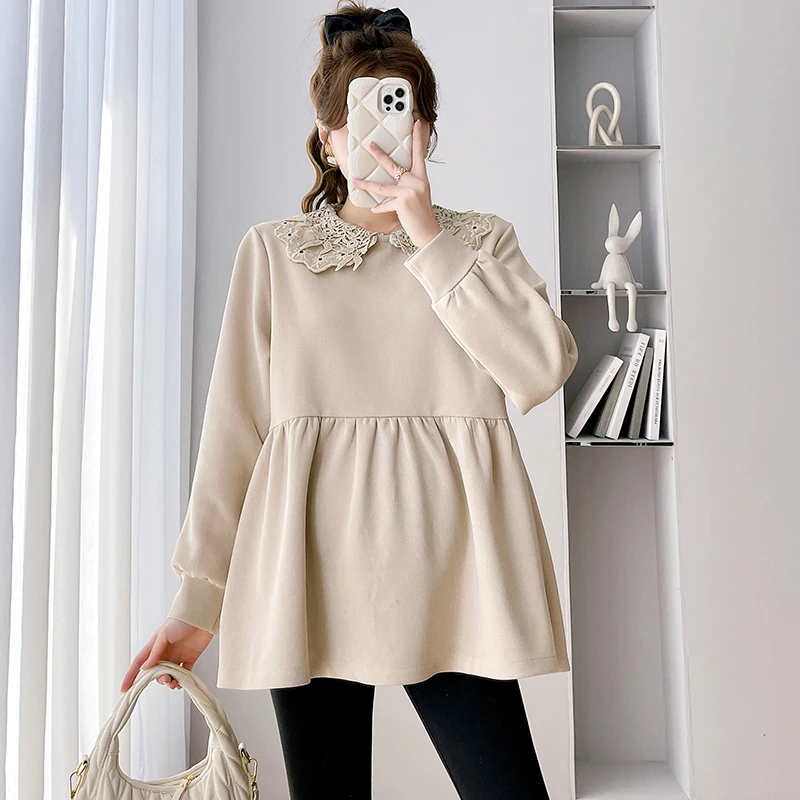 Spring New Pregnant Woman's Long Sleeved Doll Shirt Sweet Lace Peter Pan Collar Long Lantern Sleeve Maternity Blouses Tops