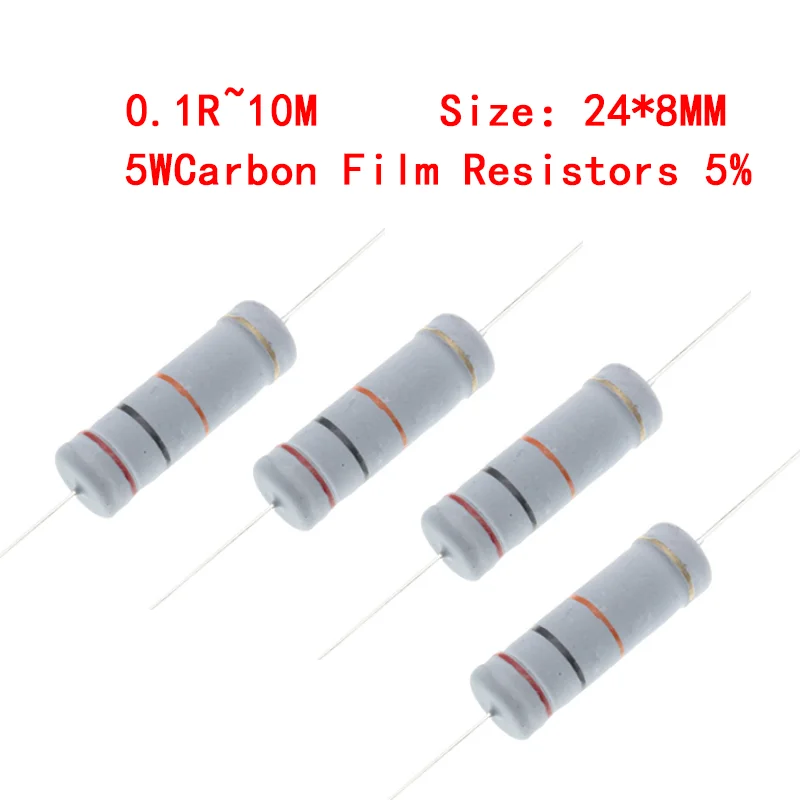 

50PCS 5W Carbon Film Resistors 5% Ring Power Resistor 0.1~10M 2 3.3 10R 22 36 47 68 100 220 330 470 1K 2.2K 10K 22K 4K7 100KOhm