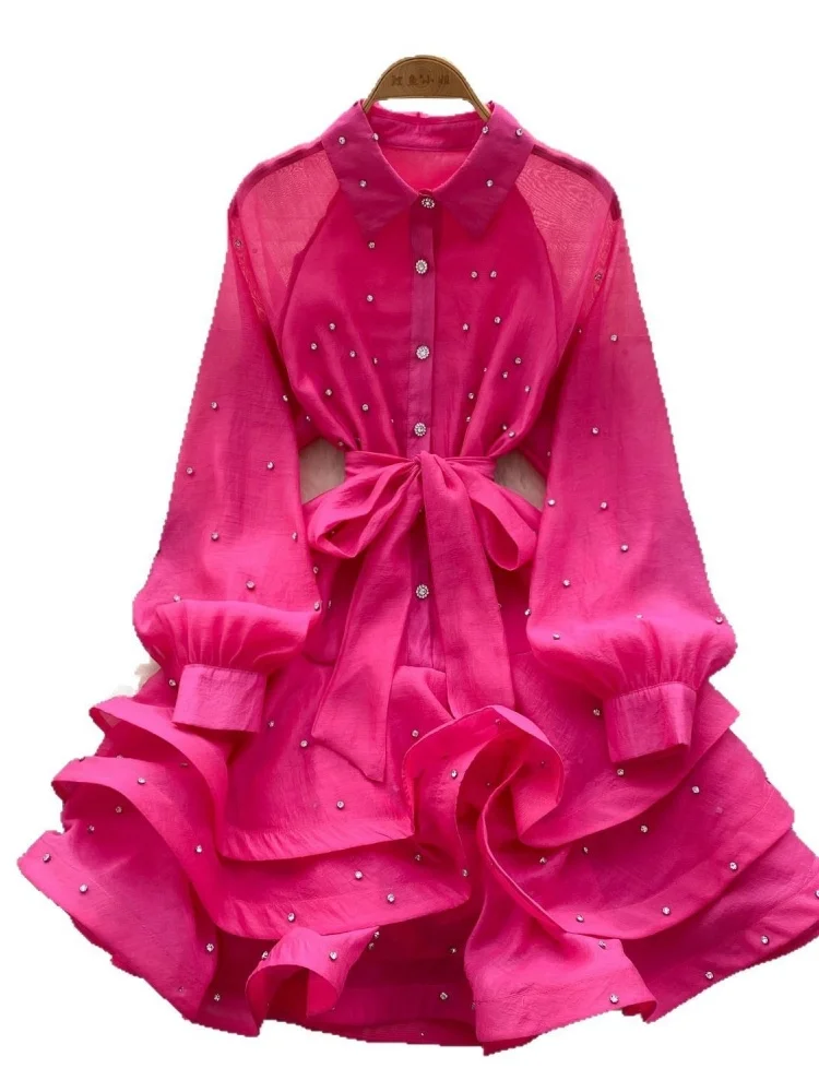 Wmstar Dress Women Wholesale French Style Heavy Diamond Encrusted Ruffled Women Spring Lace Up Cinched Waist Elegant Lace Puffy