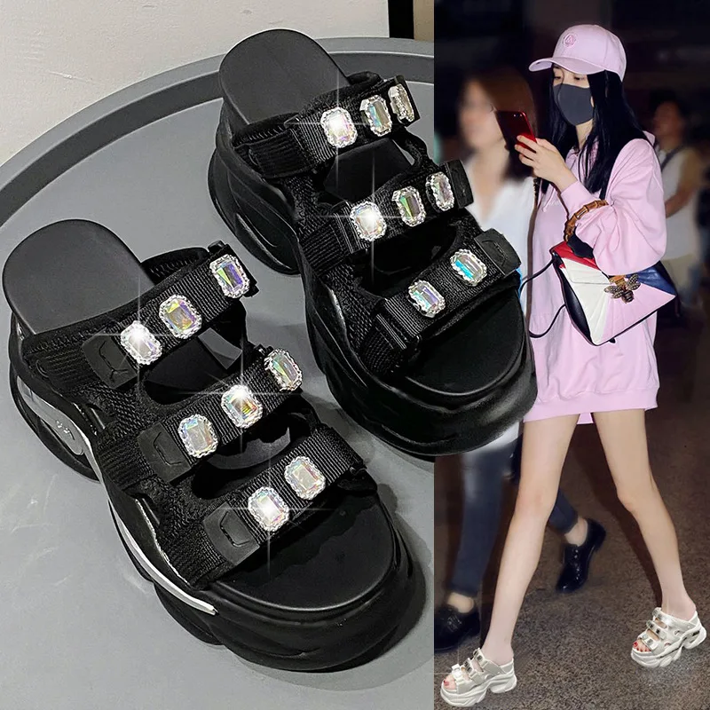 European Rhinestone Buckle Thick Bottom Higher Slope Heel Sponge Cake Casual Women's Summer New High Heel Sandals Slippers
