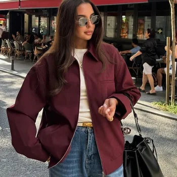 HXAO المرأة سترة الخريف البريدي Bomber جاكيتات ملابس خارجية فضفاضة بورجوندي كم طويل معاطف عادية ديمي الموسم سترة للنساء 3