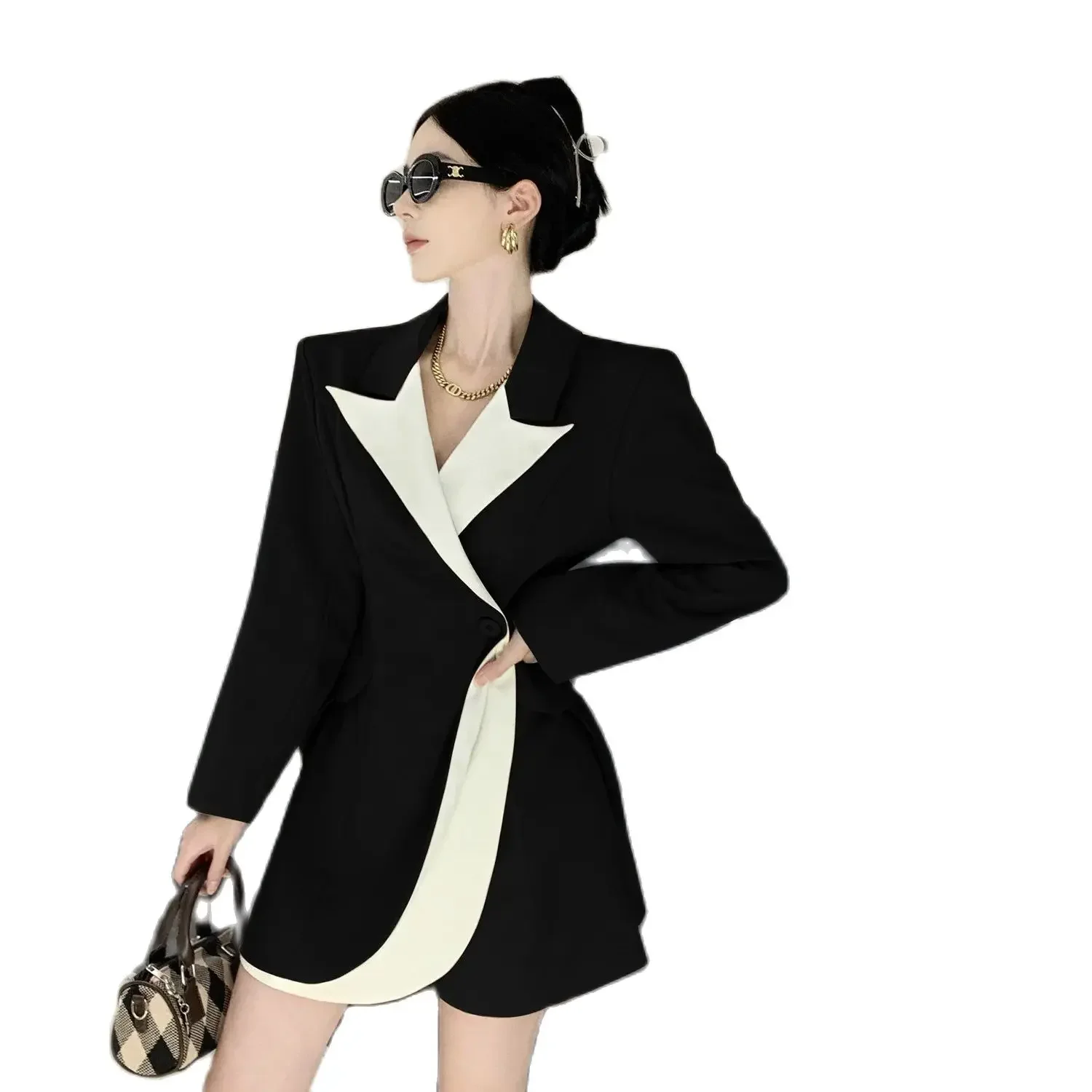 

Korean Style Fashion Female Blazers Block Color Patchwork Long Sleeve Turn-down Collar Office Lady Elegant Suits Coats Outerwear