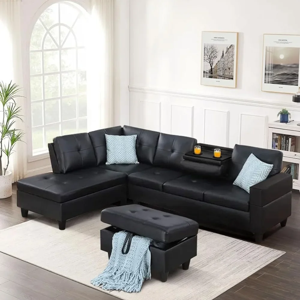 

Convertible Modular Sofa L Shaped Sofa,Faux Leather Footstool,Suitable for Small Spaces,black