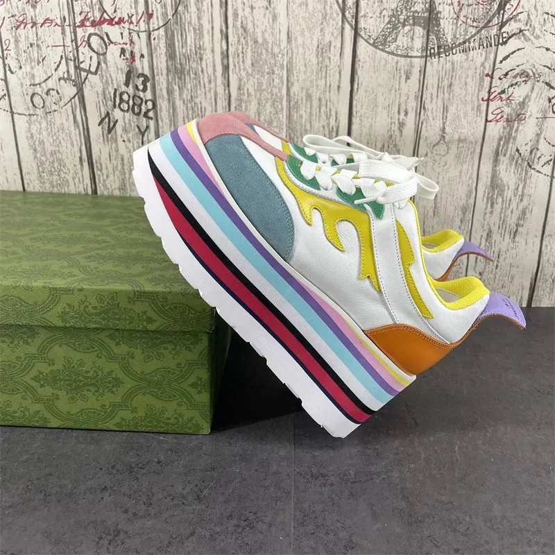 

Women High Heels Shoes Platform Mixed Colour Colourful Fashion Sneakers Luxury Designer Brand Real Leather Thick Sole Female ins