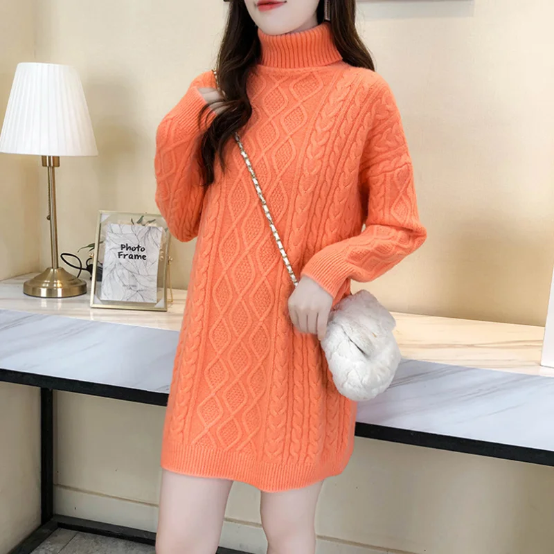 

Street Turtleneck Knit Dress Women Autumn Winter New Pullover Sweater Jacket Female Twist Long Loose Bottoming Sweater Skirt