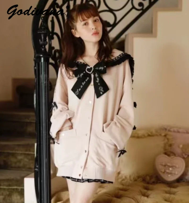 Liz Sweatshirt Coat Fashion Autumn Winter Women Girls Heart Shape Rhinestone Lace-up Bow Sailor Collar Multiple Bow Hoodie Dress