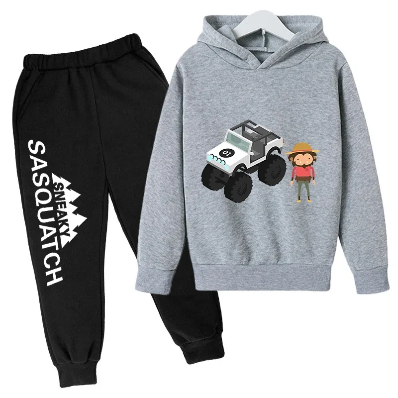 thumbnail image 1 of Conjunto de sudadera con capucha y pantalones de polar para niños, conjunto de 2 piezas, chándal, estampado de cabeza grande de Sasquatch furtivo, 1 of 5