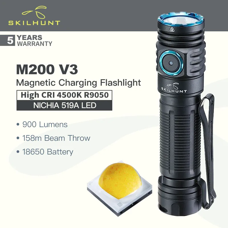 Портативный перезаряжаемый фонарик Skilhunt M200 V3 (версия с высоким индексом цветопередачи, 4500K, R9080), NICHIA 519A светодиодный 900 люмен, батарея 18650