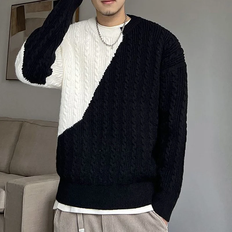 Autumn Winter New Contrast Color Fashion Long Sleeve Sweater Man High Street Loose Jacquard Weave All-match Youth Y2K Pullovers