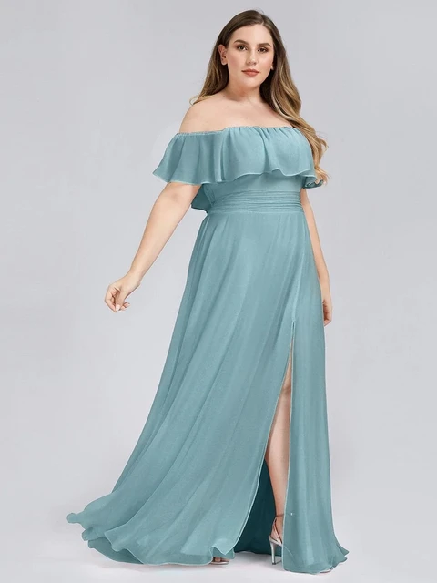 Plus Size Evening Dresses Off The Shoulder Bridesmaid 2022 Ever Pretty fo Long Lace Sleeve Elegant Prom Dress for Women EP00968 Dusty Blue