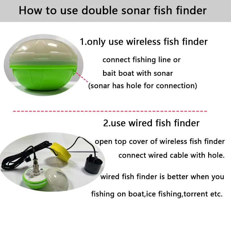 Portable Fish Finder Wireless Sonar Sensor Fishing Depth Finder Locator  Fishfinder with Wired Transducer for Boat