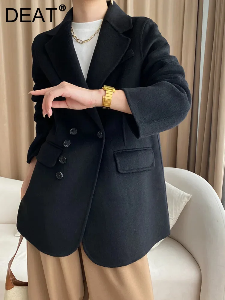 

DEAT Fashion Women's Woolen Coat Notched Long Sleeve Irregular Double Breasted Loose Warm Jackets Female Autumn 2023 New 17A5078