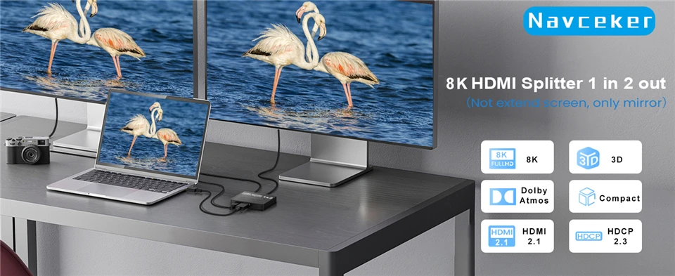 1 in 2 Out 8K HDMI Splitter 4K 240Hz Audio Splitter HDMI 2.1 Cable Adapter 1x2 F